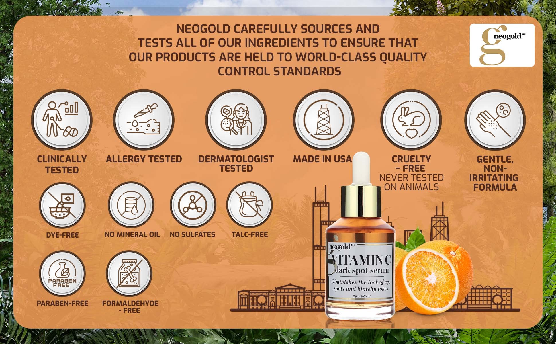 Chicago laboratory seal and Made in USA claim on Neogold box.