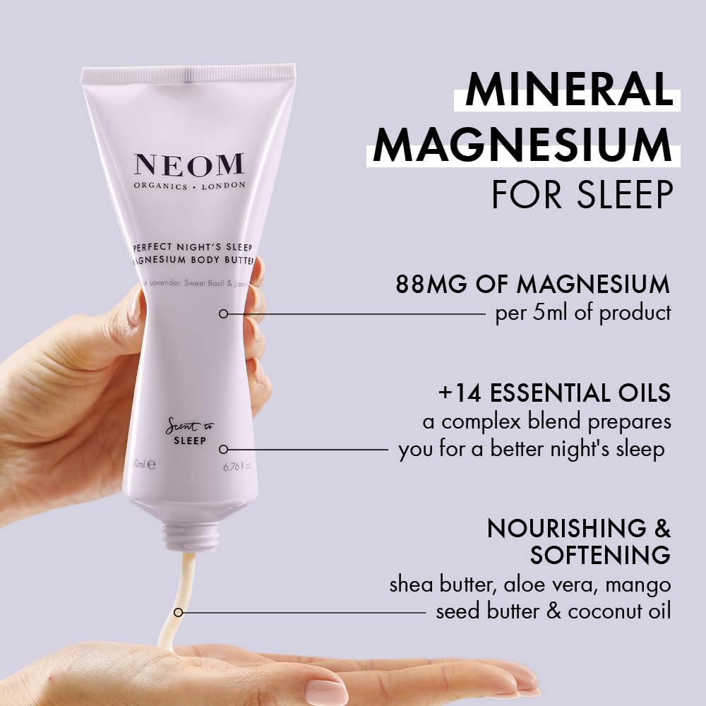 Applying Neom Perfect Night's Sleep Magnesium Body Butter to skin for a soothing nightly routine.