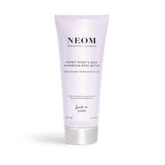 Close-up of Neom lavender, chamomile, and patchouli essential oils for a calming bedtime ritual.