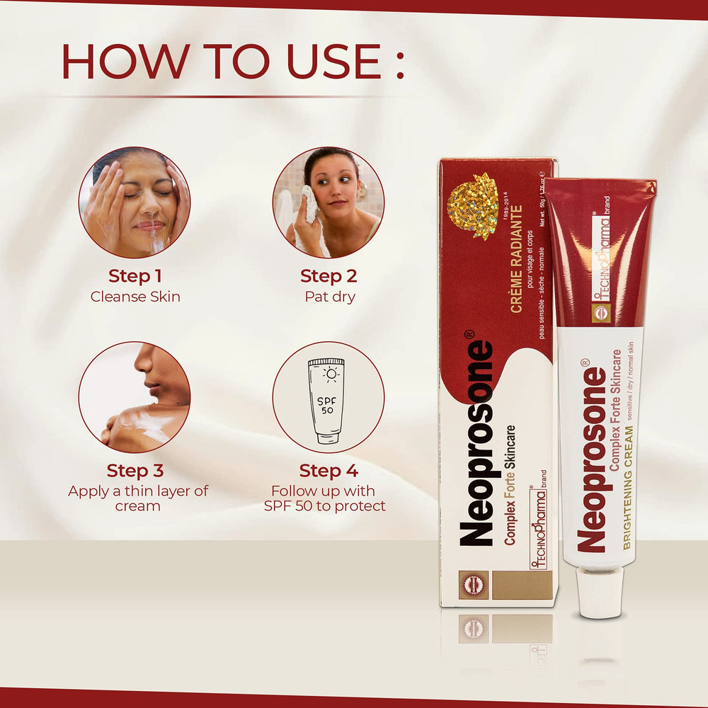 Neoprosone Brightening Cream texture close-up highlights creamy formula for easy absorption.
