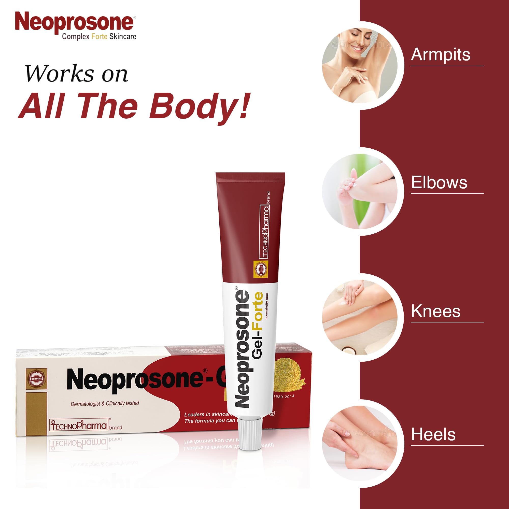 Neoprosone Brightening Gel label featuring the Arbutin Complex ingredient.