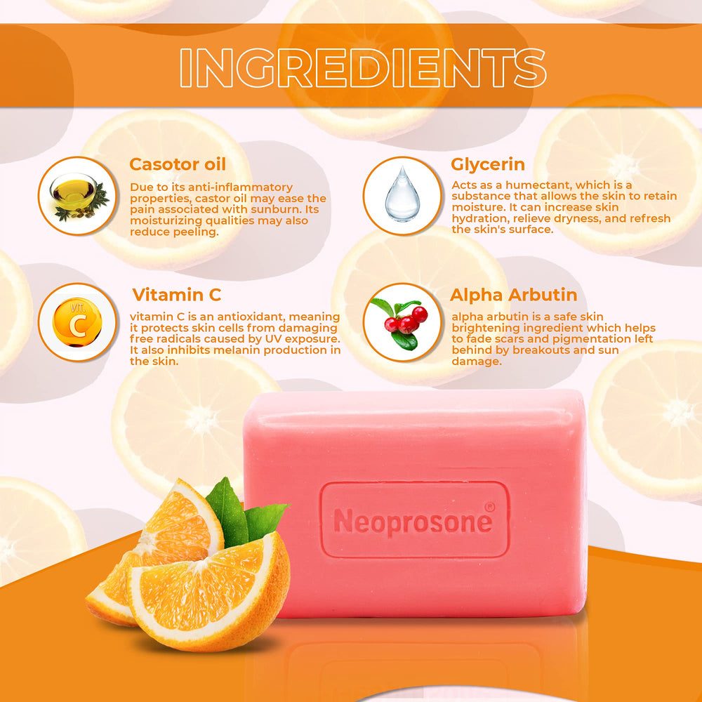 Neoprosone soap ingredients bottle highlighting Vitamin C and Castor Oil benefits