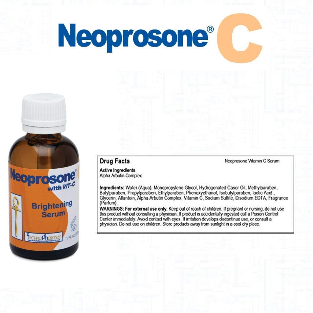 Skin-tone illustration showing even tone with Neoprosone serum