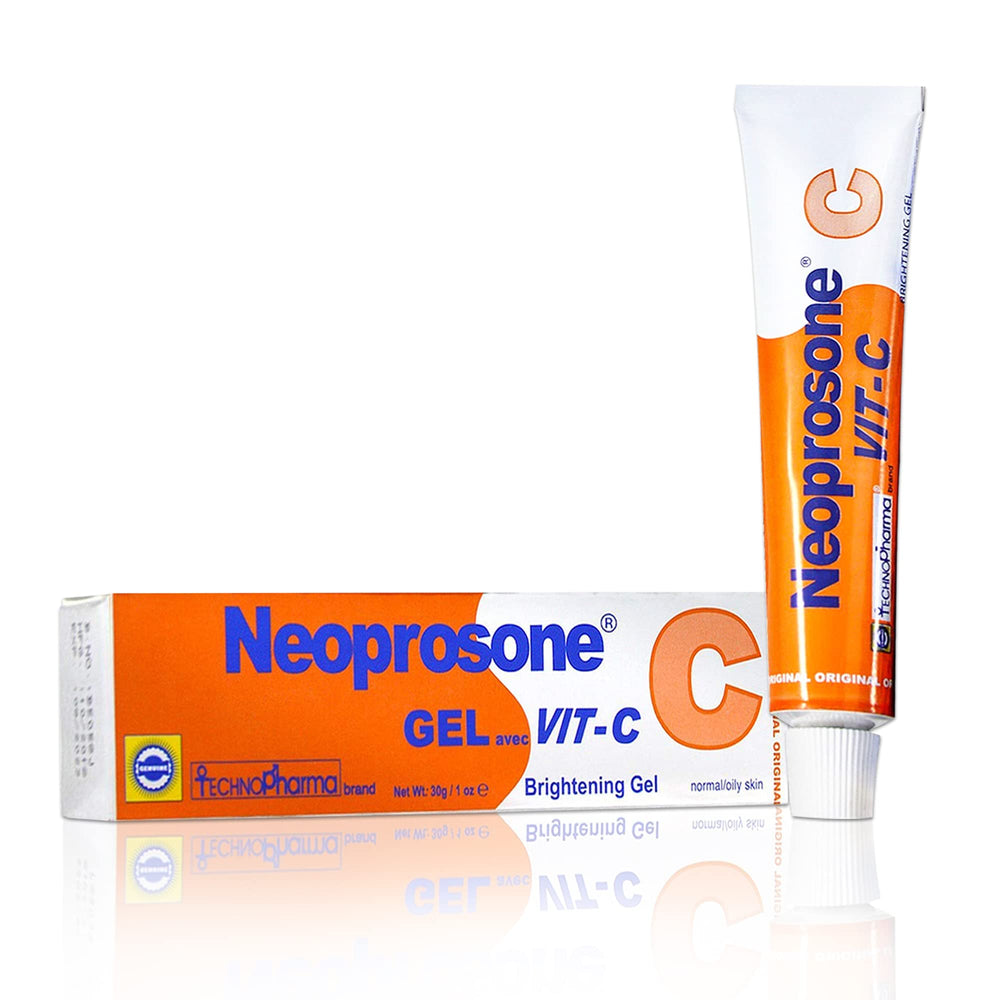 Neoprosone Vitamin C Gel bottle close-up featuring Alpha Arbutin for brighter skin