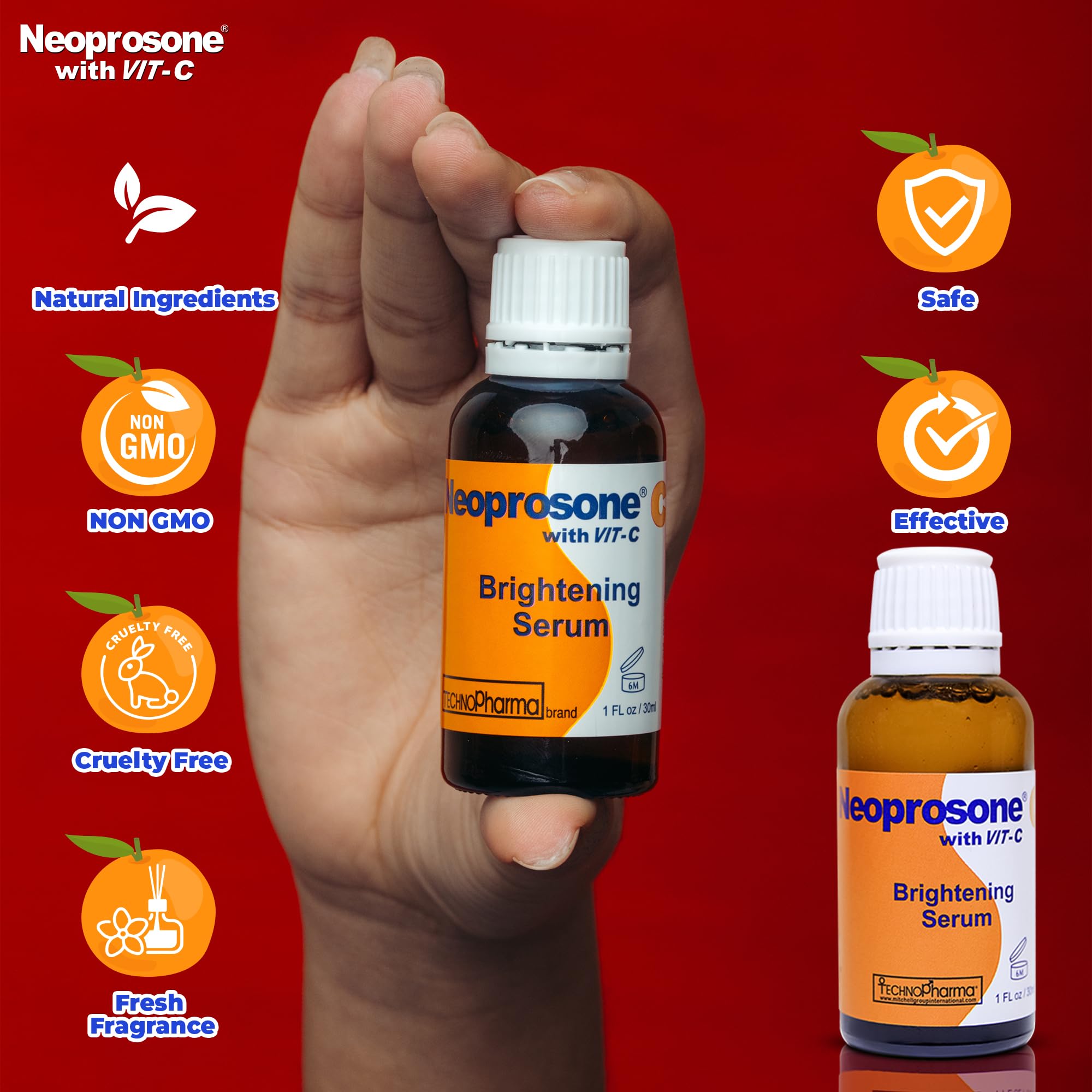 Neoprosone Vitamin C Serum application swatch demonstrates skin-friendly texture for daytime use