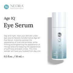 NEORA Age IQ Eye Serum application detail demonstrates fast absorption for makeup-ready eyelids.