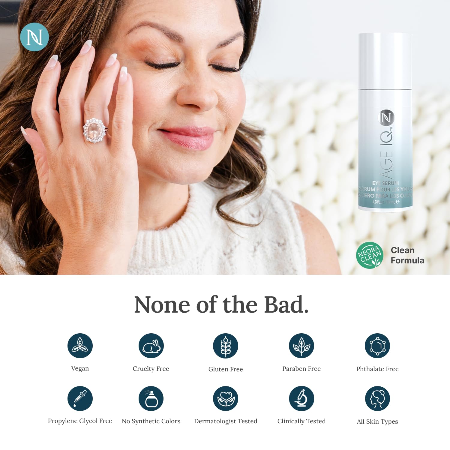NEORA Age IQ Eye Serum ingredient highlight features hyaluronic acid and aloe for lasting moisture.