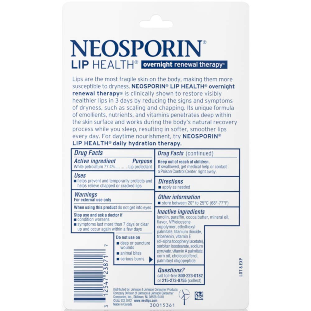 Closeup of Neosporin Lip Health Overnight Renewal Therapy highlighting nourishing formula for lips.