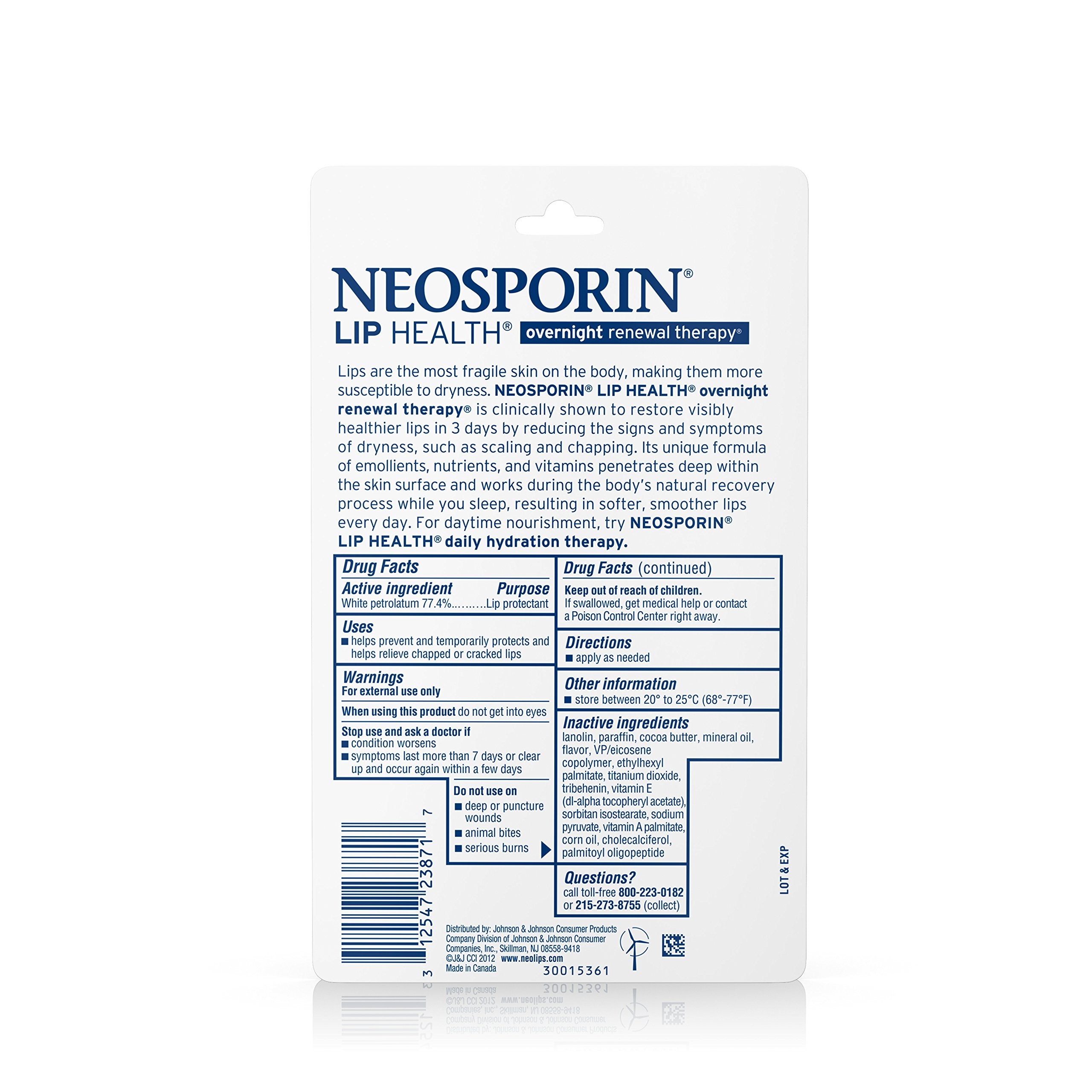 Packaging box of Neosporin Lip Health Overnight Renewal Therapy on counter.
