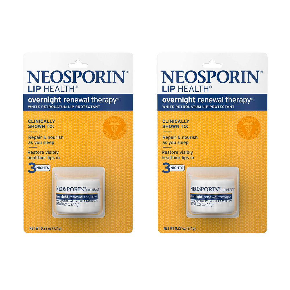 Neosporin Lip Health Overnight Renewal Therapy tube on a shelf for overnight hydration.