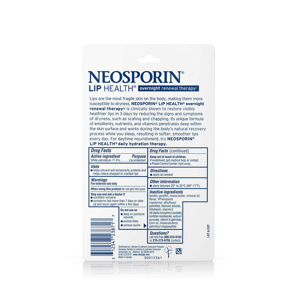 Neosporin Lip Health Overnight Therapy label closeup highlighting ingredients.