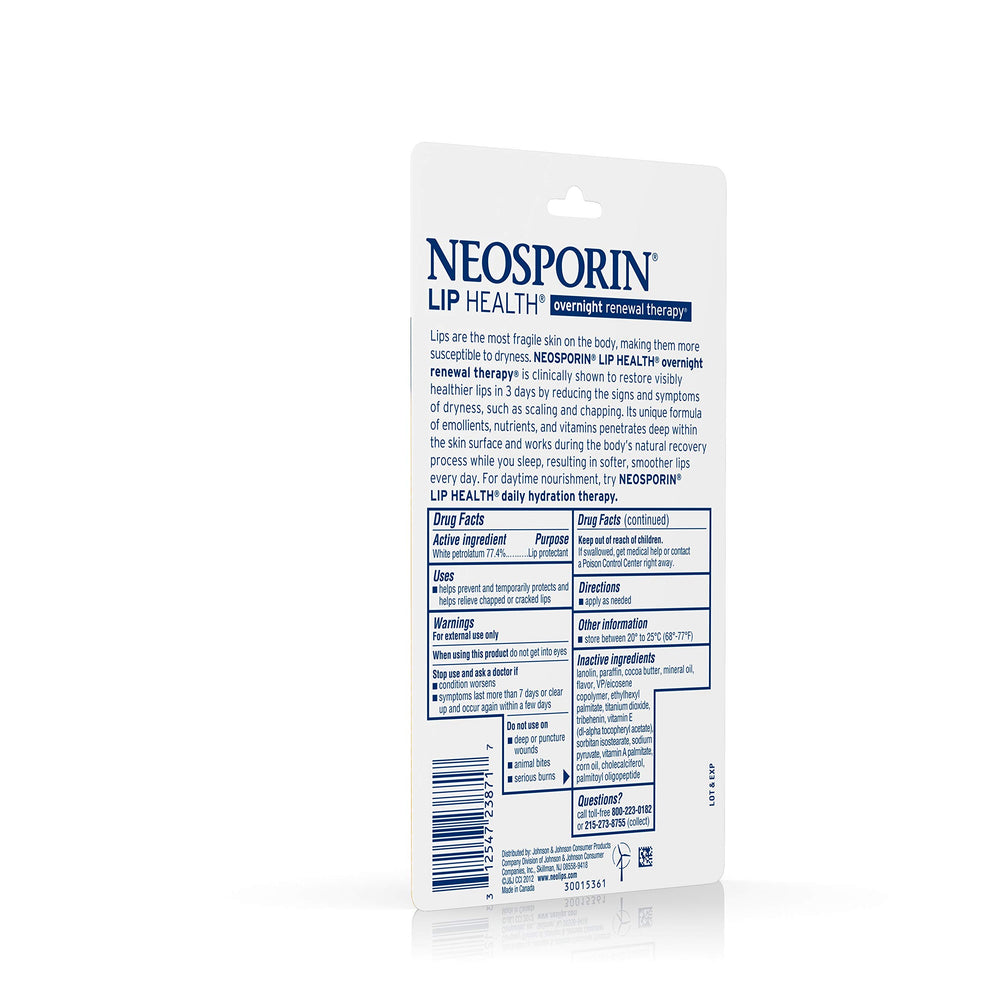 Neosporin Lip Health Overnight Therapy packaging on display for travel use.