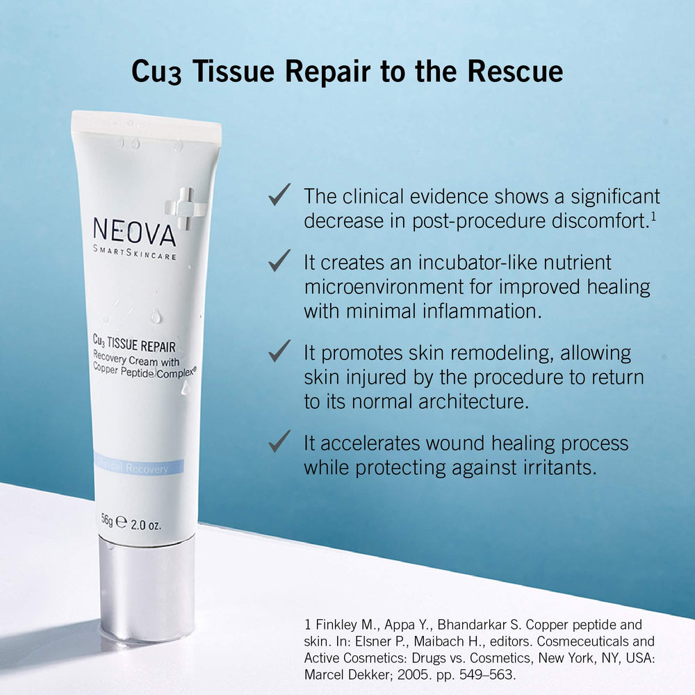 Close-up of NEOVA Cu3 peptide cream texture for soothing, hydrated skin