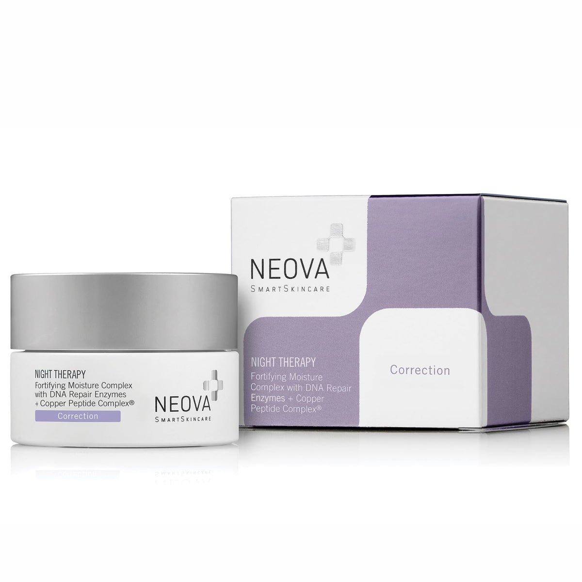 NEOVA Night Therapy bottle highlighting copper peptide for overnight hydration and renewal.