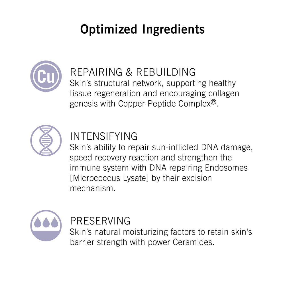 Ingredient panel for NEOVA Night Therapy showing MCPc copper peptide and humectants for hydration.