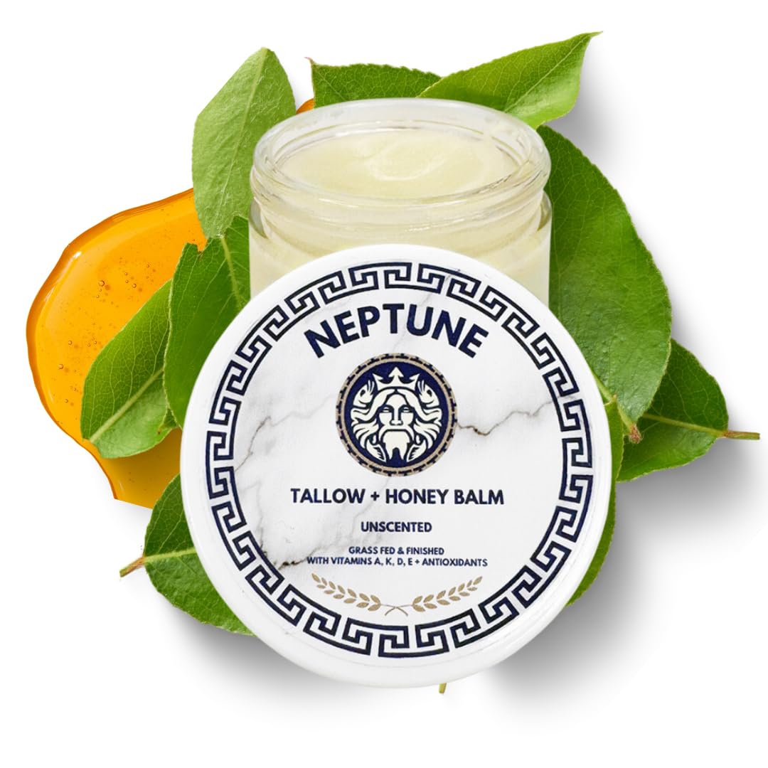 Neptune Health Tallow and Manuka Honey Balm jar showing rich texture for skin.