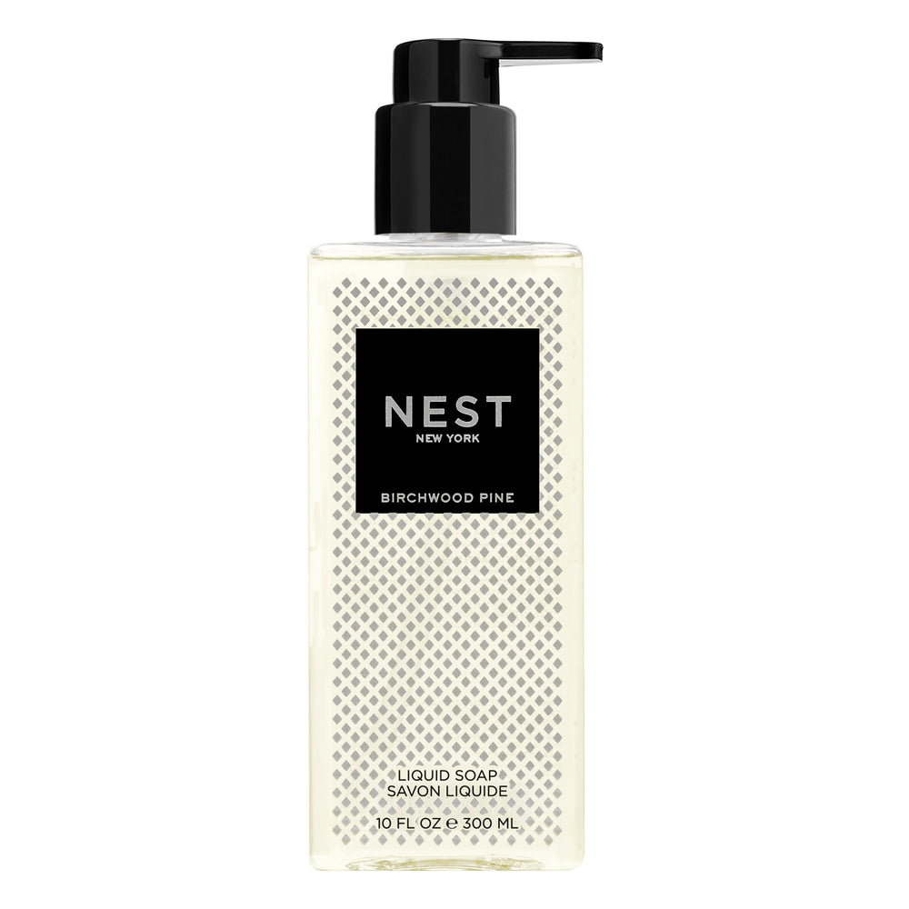 Nest New York Birchwood Pine Liquid Soap bottle pour, gentle cleansing and forest aroma