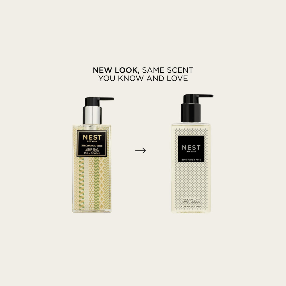 Nest New York Birchwood Pine Liquid Soap label closeup showing natural extracts nourish skin