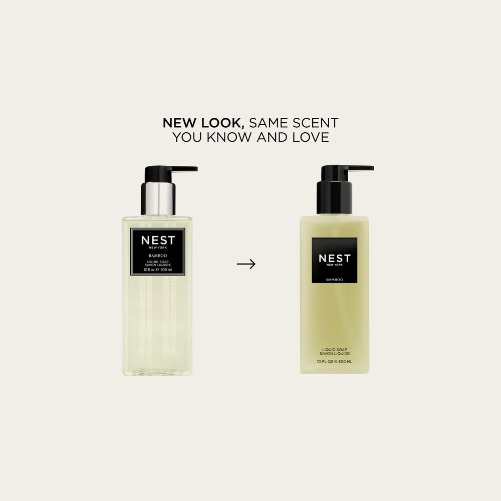 NEST New York Bamboo liquid soap being poured highlights cleansing and aroma.