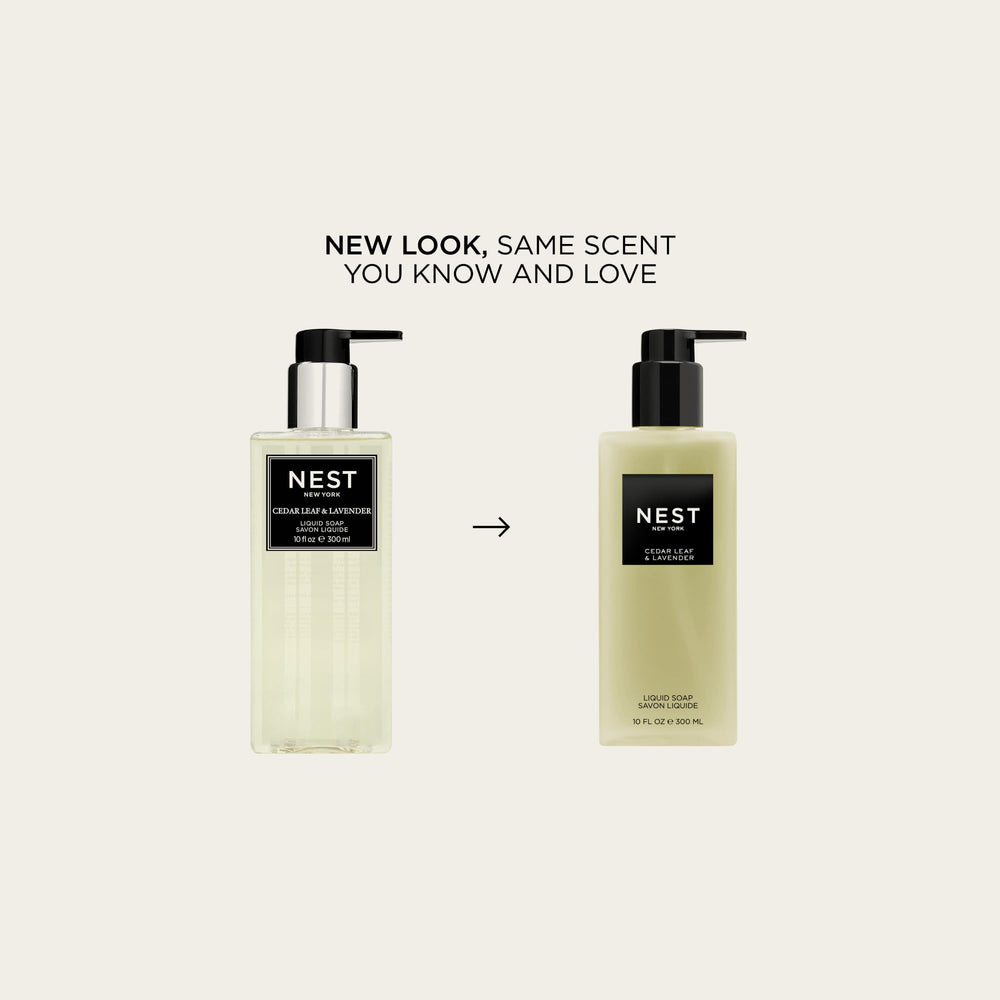 NEST New York liquid soap pump shown with herb blend for daily cleansing and nourishment