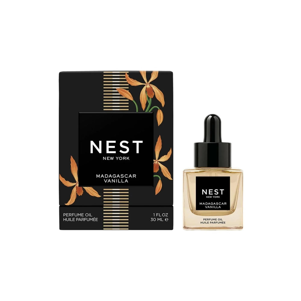 NEST New York Madagascar Vanilla perfume oil bottle with warm amber hue for everyday indulgent aroma.