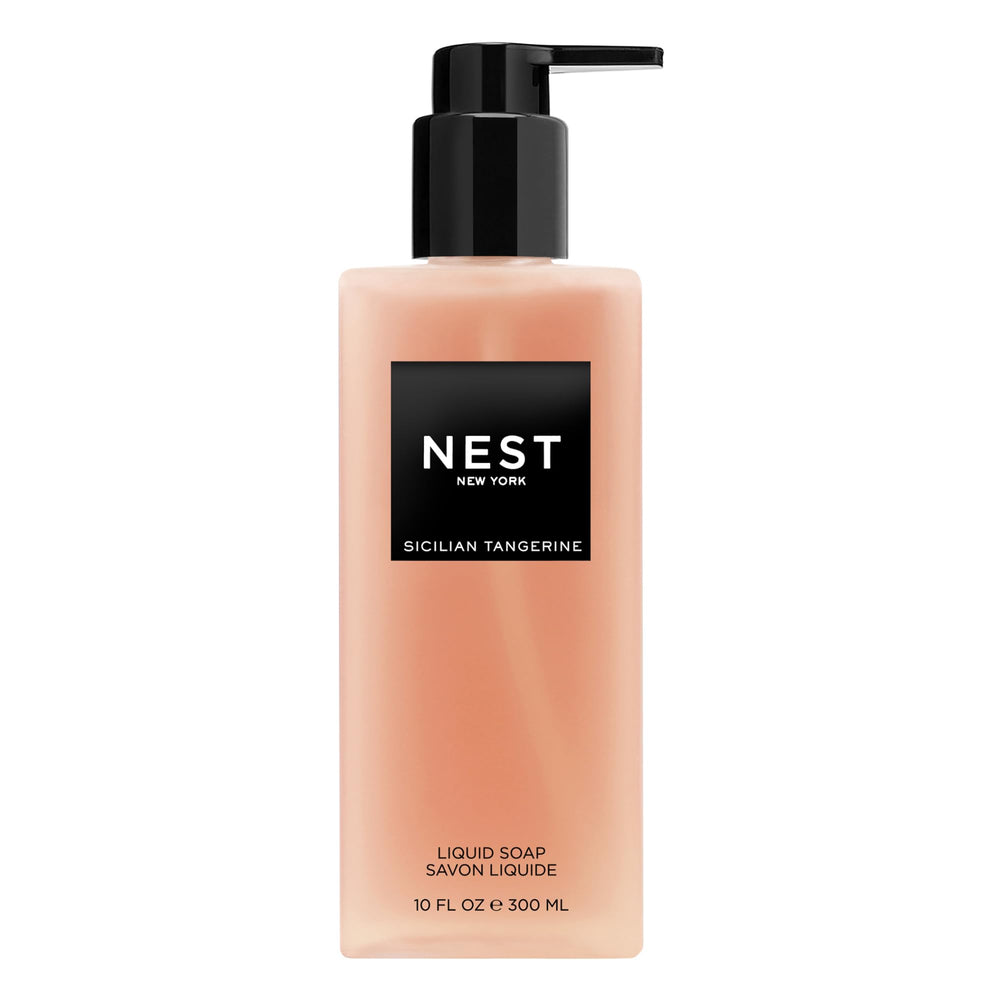 NEST New York Sicilian Tangerine liquid soap bottle on shelf for daily citrus cleansing
