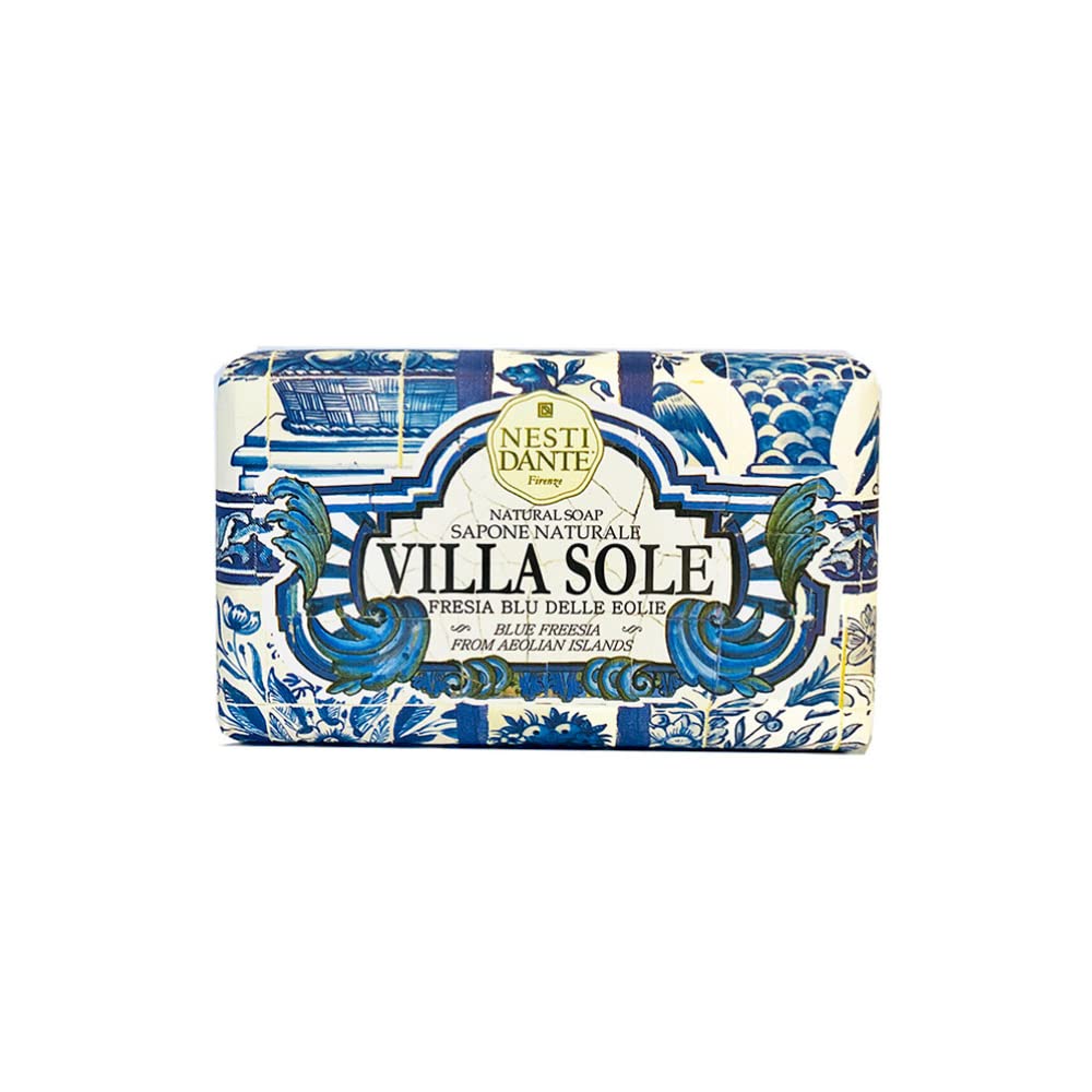 Nesti Dante Villa Sole Blue Freesia bar for enriching cleansing on a tiled surface
