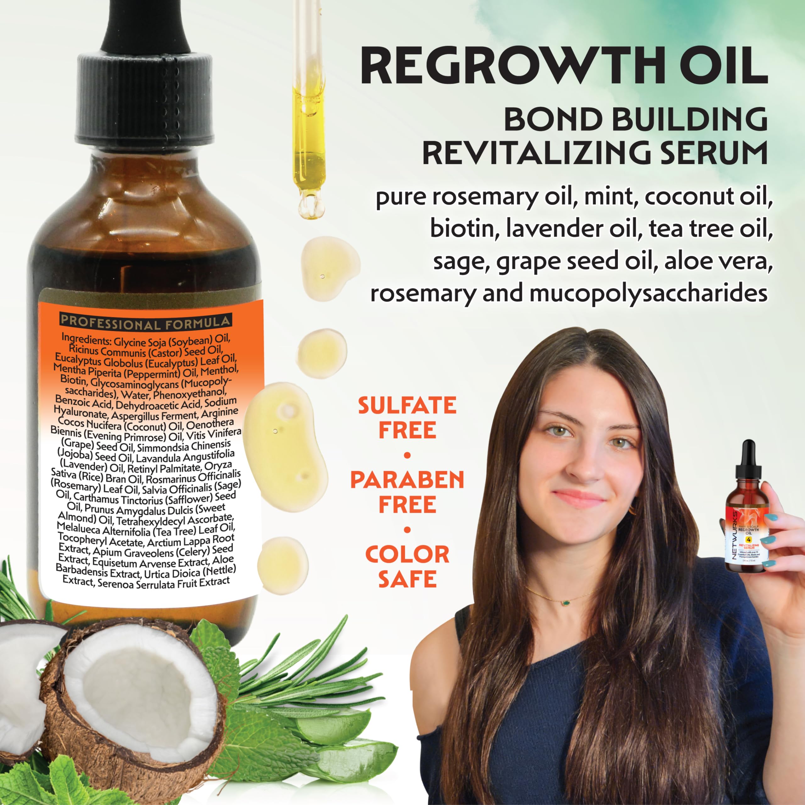 NetWurks Bonding Oil features Aspergillus Ferment for gentle scalp exfoliation.