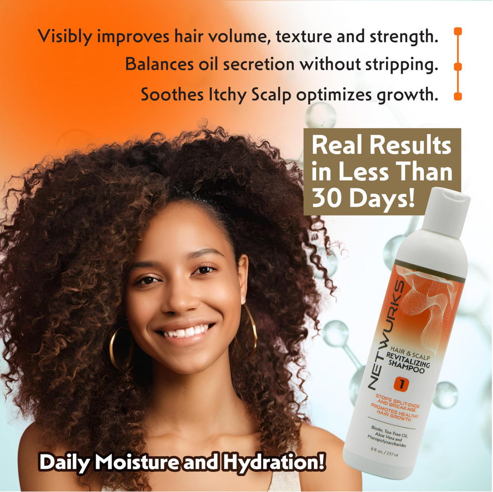 NetWurks Hair & Scalp Revitalizing Shampoo biotin-rich formula supports hair vitality.