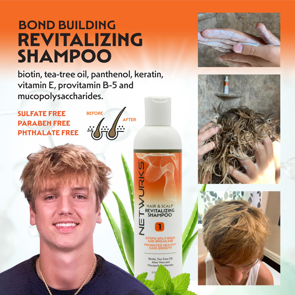 NetWurks Hair & Scalp Revitalizing Shampoo growth action close-up, suggesting potential hair vitality.