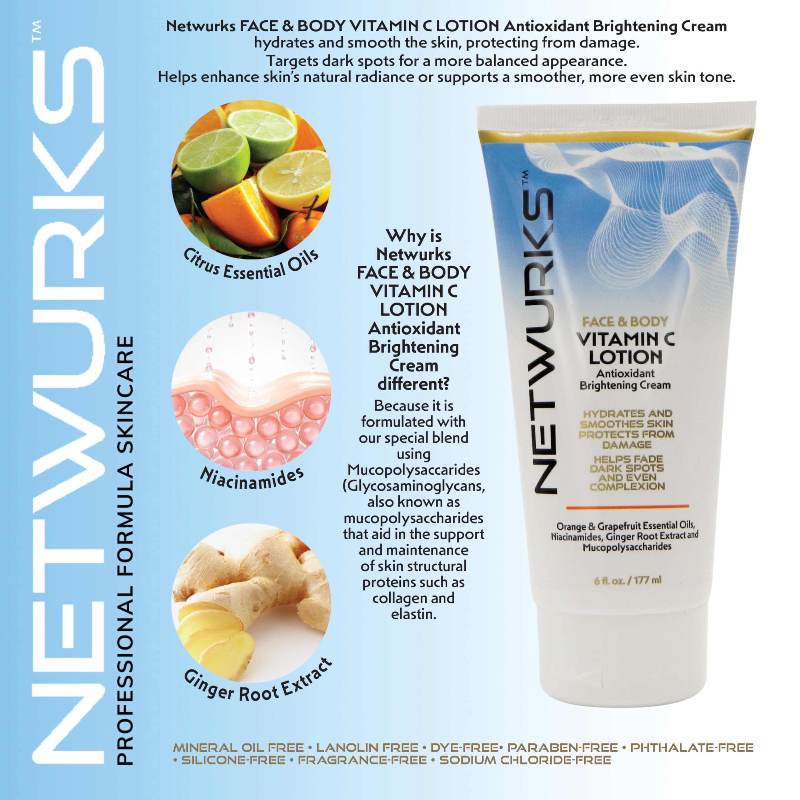 NetWurks Vitamin C Lotion on face and body demonstrates moisturized skin