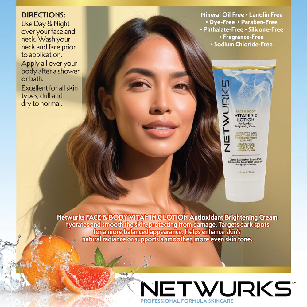 NetWurks Vitamin C Lotion packaging closeup emphasizing fragrance-free formula
