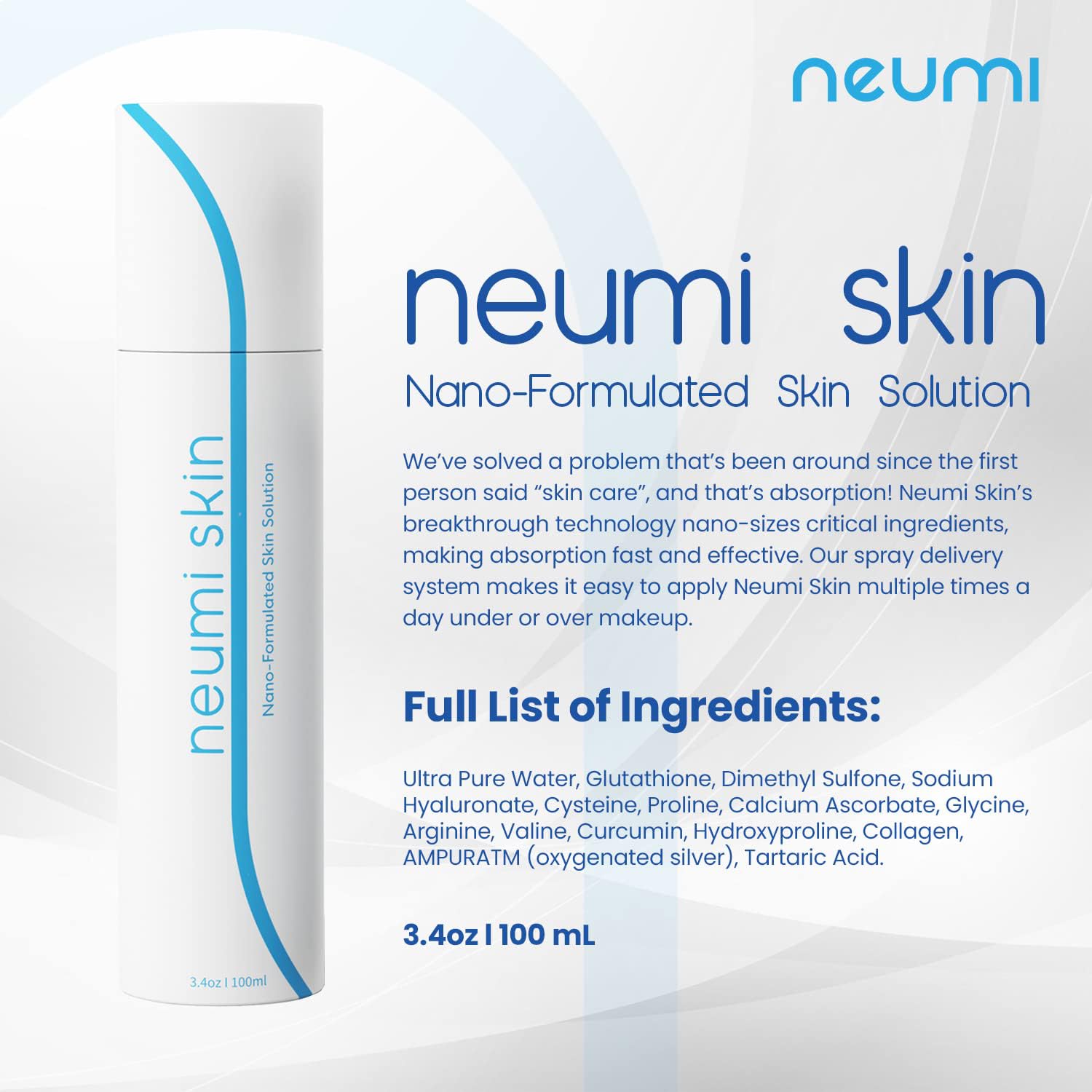 Neumi Skin nano-formulation mist demonstrating fast absorption across the skin.