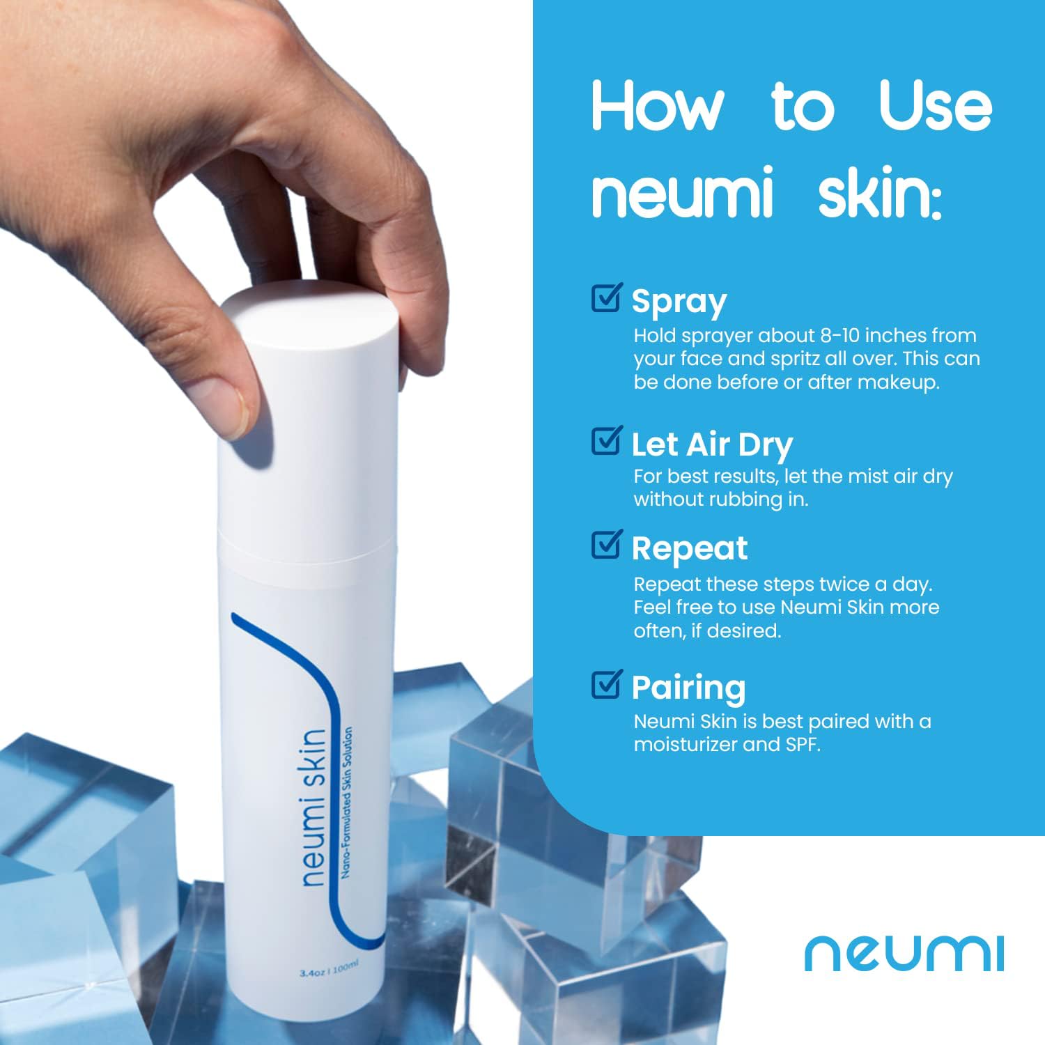 Neumi Skin refreshing hydration mist delivers a cooling, revitalized sensation.