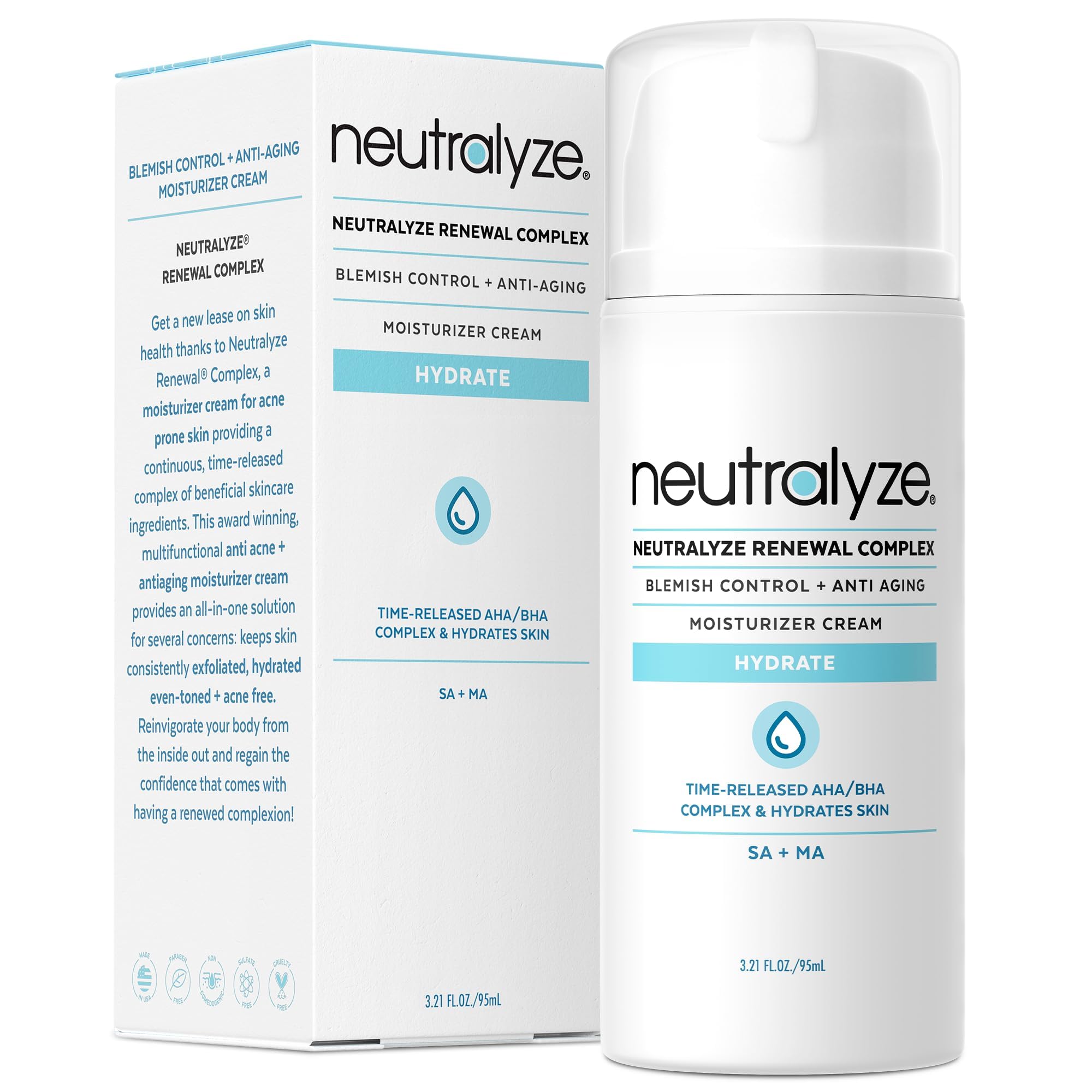 Neutralyze Renewal Complex bottle close-up, showing a fast-absorbing acne moisturizer.