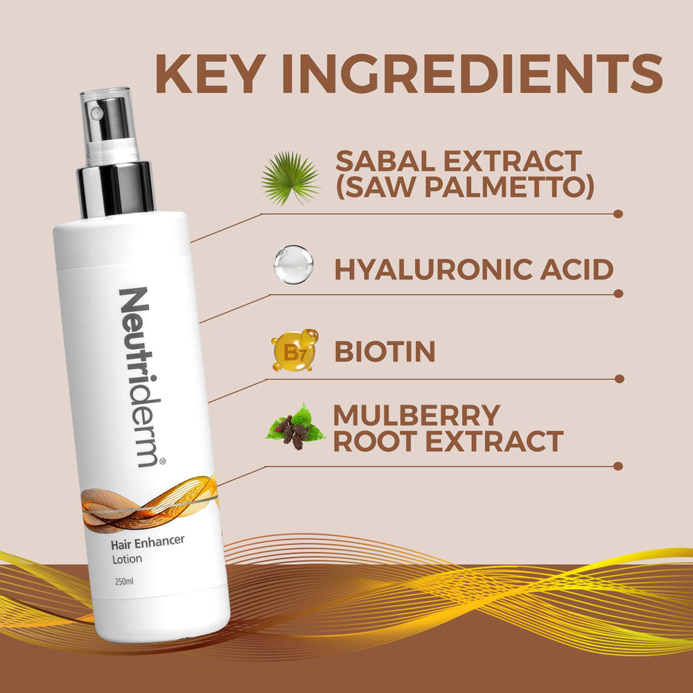 Neutriderm Hair Enhancer Lotion application in hands demonstrates easy daily use.
