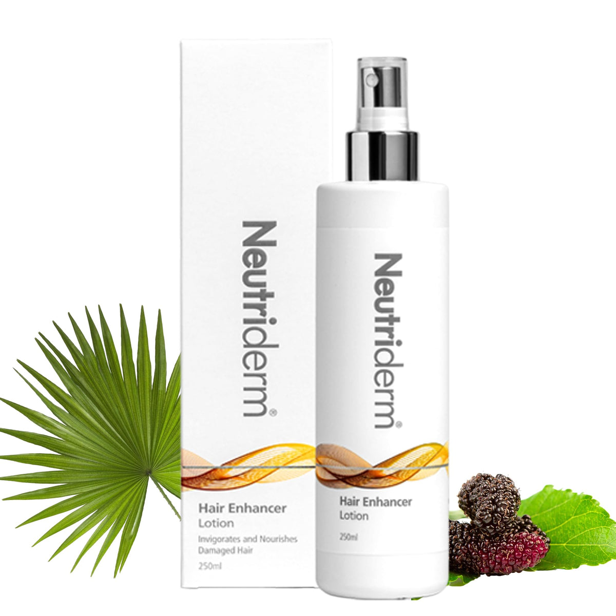 Neutriderm Hair Enhancer Lotion bottle shown for nourishing volume on dry, damaged hair.