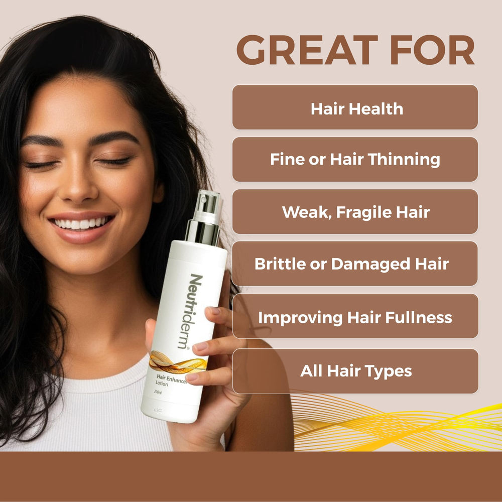 Neutriderm Hair Enhancer Lotion closeup texture shows smooth, non-greasy finish.