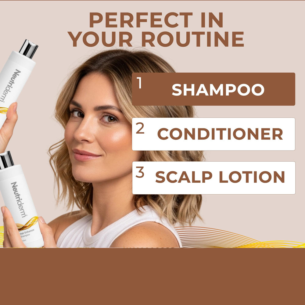 Neutriderm Hair Enhancer Shampoo bathroom setup for daily routine.