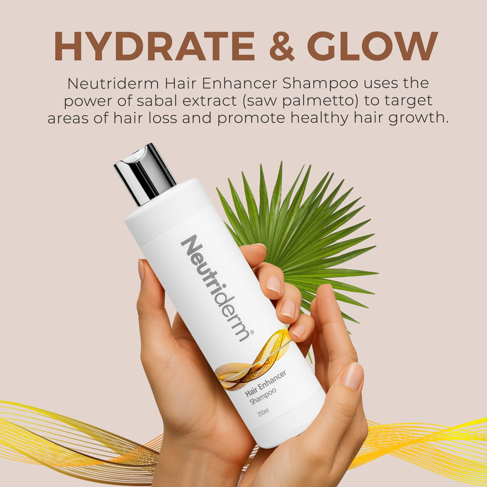 Neutriderm Hair Enhancer Shampoo after-dry hair close-up showing nourishment.