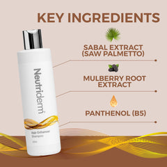 Neutriderm Hair Enhancer Shampoo label close-up highlighting formula for damaged hair.
