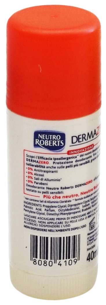 Neutro Roberts Dermazero deodorant stick application with smooth glide and freshness.