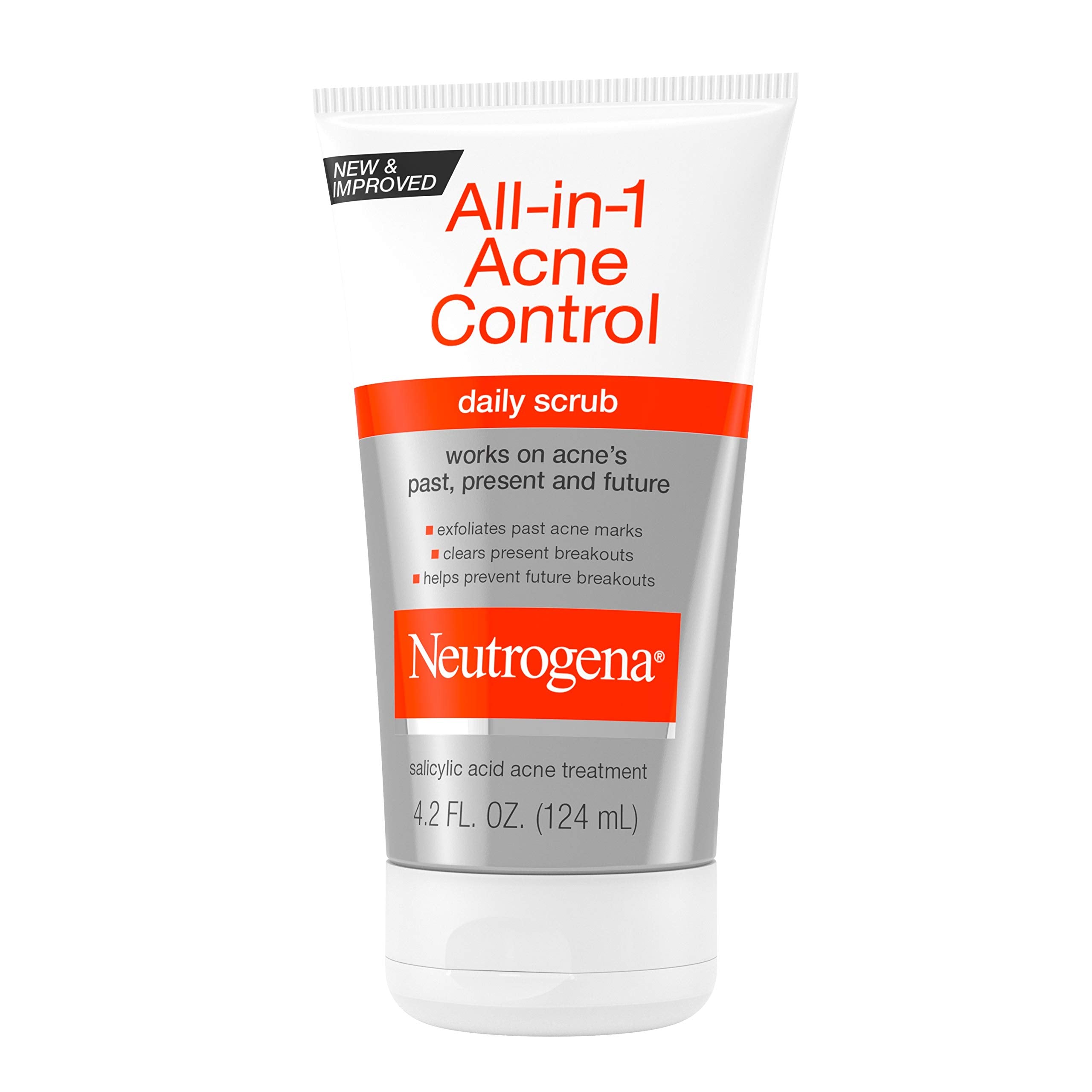 Neutrogena All-In-1 Acne Control tube beside cleanser for daily acne care.