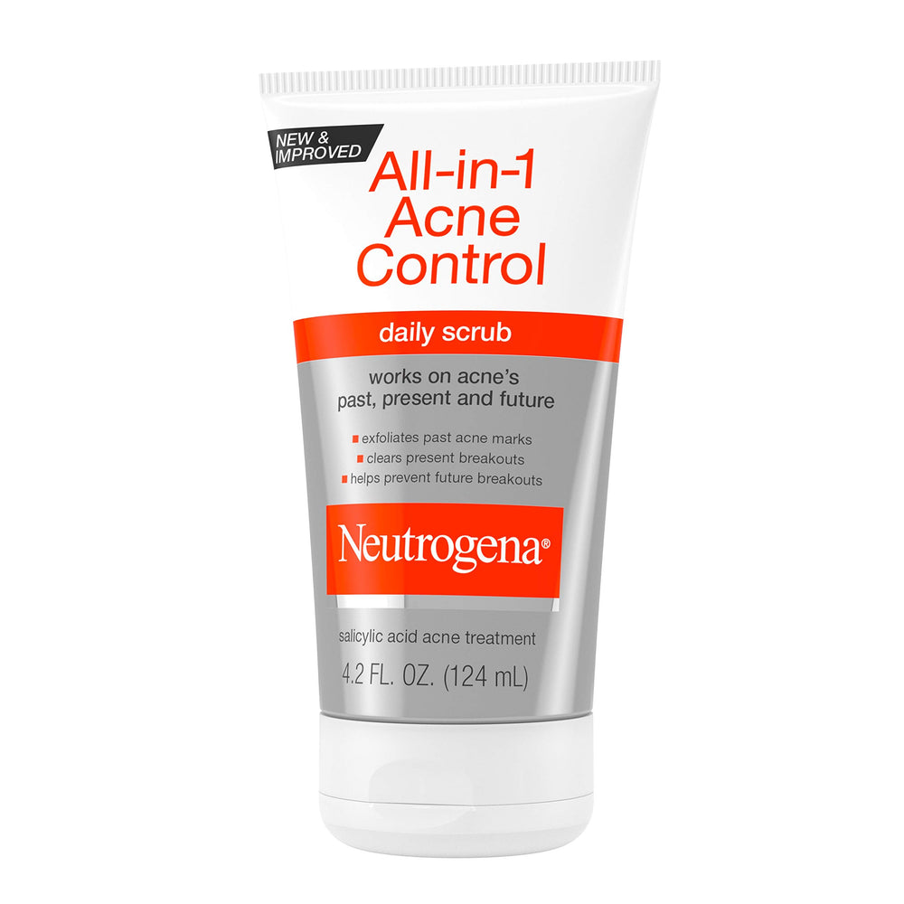 Neutrogena All-In-1 Acne Control tube beside cleanser for daily acne care.