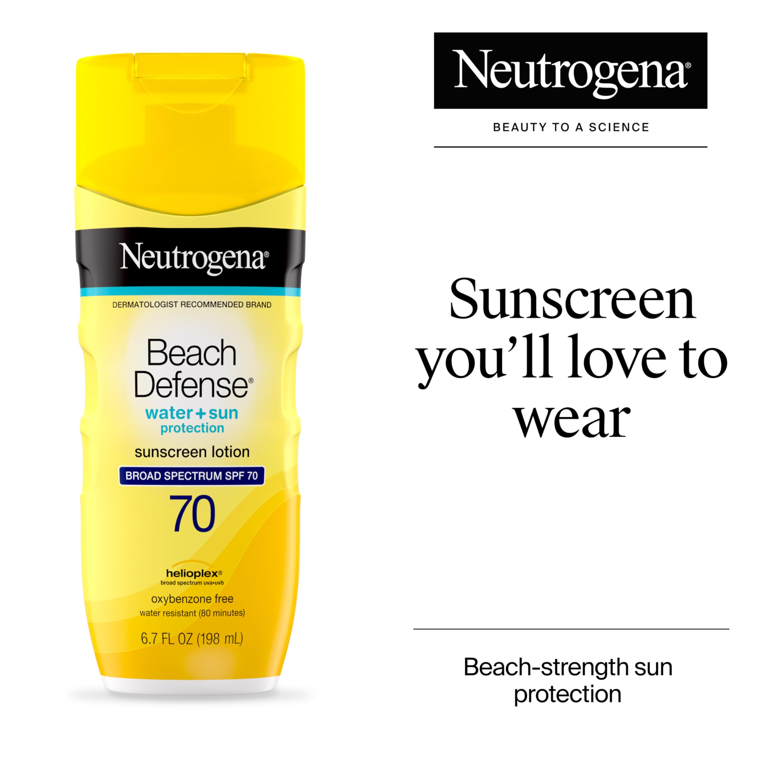 Hands applying Neutrogena Beach Defense SPF 70 on the face for quick absorption.