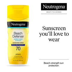 Hands applying Neutrogena Beach Defense SPF 70 on the face for quick absorption.