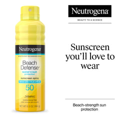 Neutrogena Beach Defense spray applied to the face for fast protection.