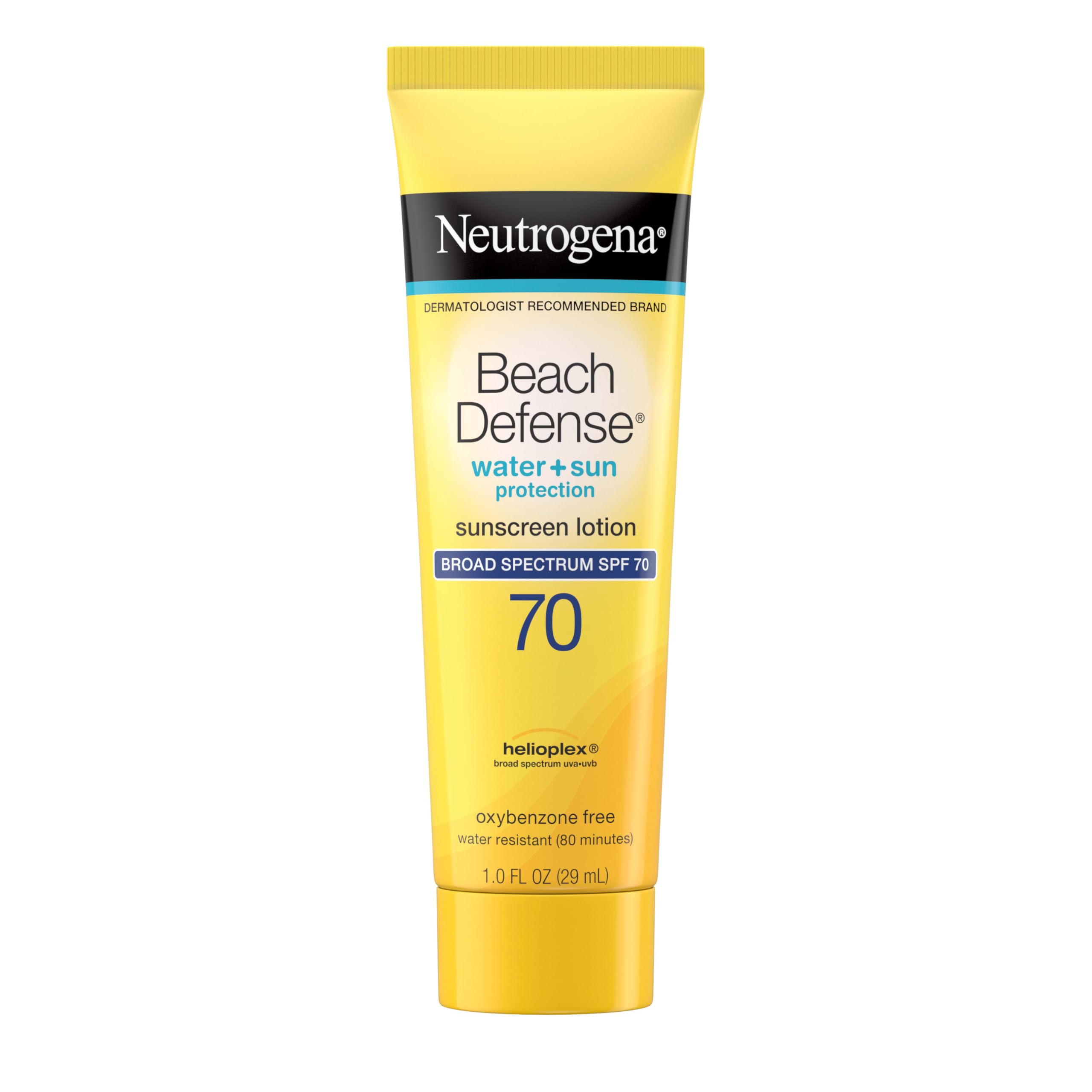 Neutrogena Beach Defense bottle front view showing SPF 70 protection for sunny days.