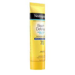 Neutrogena Beach Defense sunscreen bottle label highlights water resistance and oil-free formula.