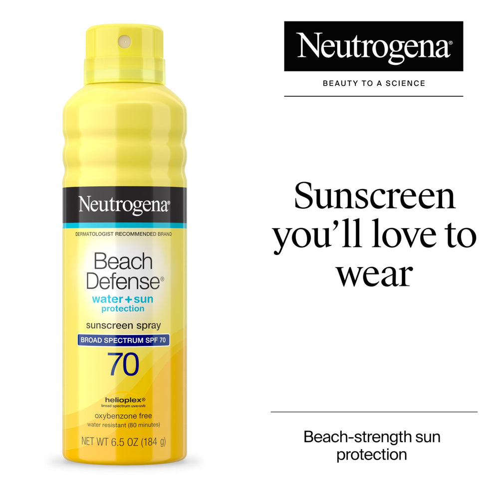 Neutrogena Beach Defense SPF 70 spray nozzle angled view for easy, uniform application